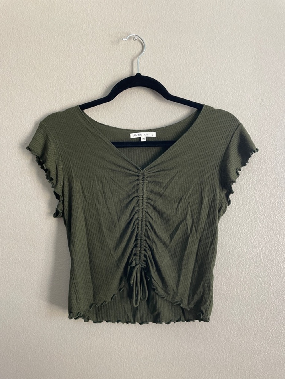 Olive Ruched V-Neck Crop Top